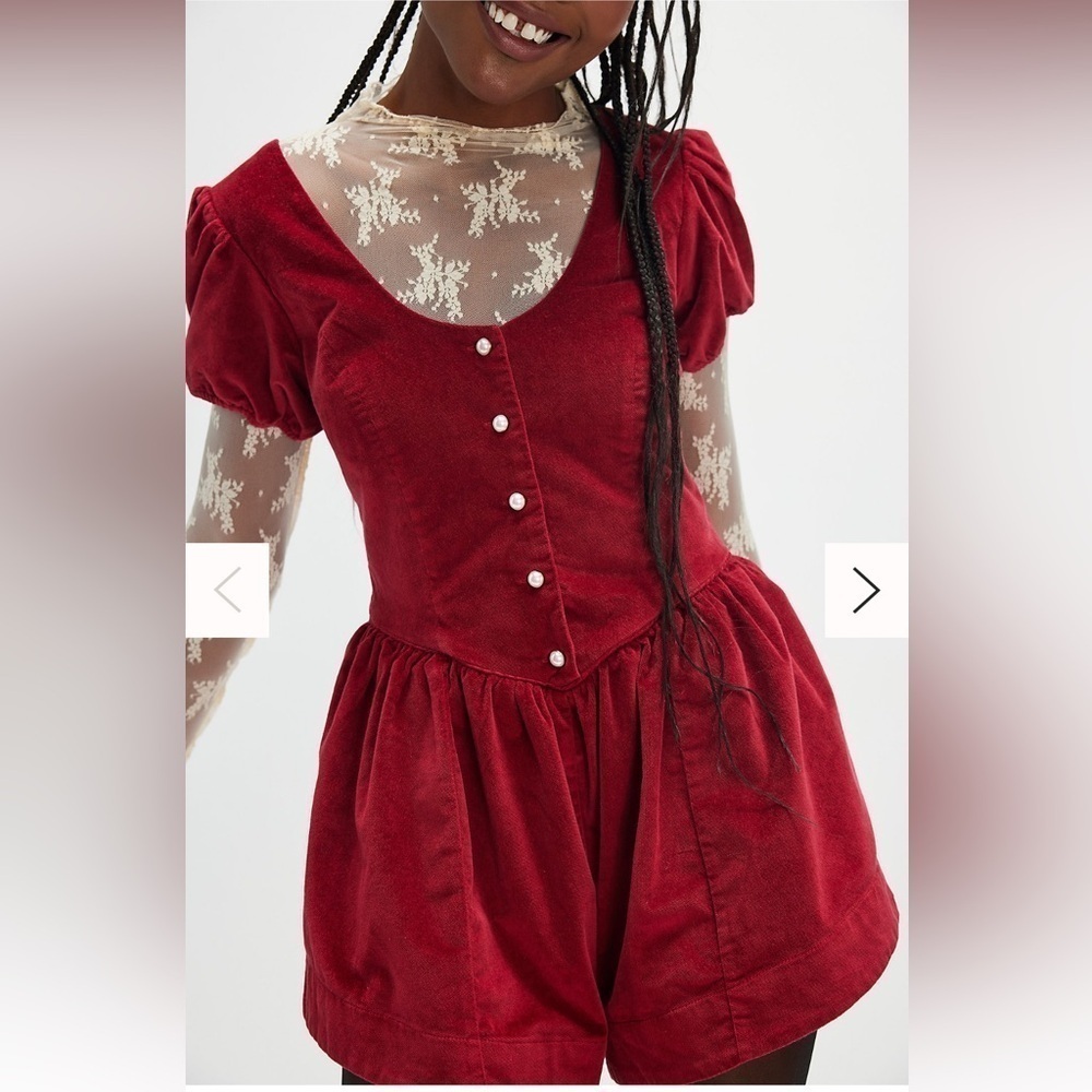 Free People Silver Bells Velvet Romper Large Color: Cherry NWT